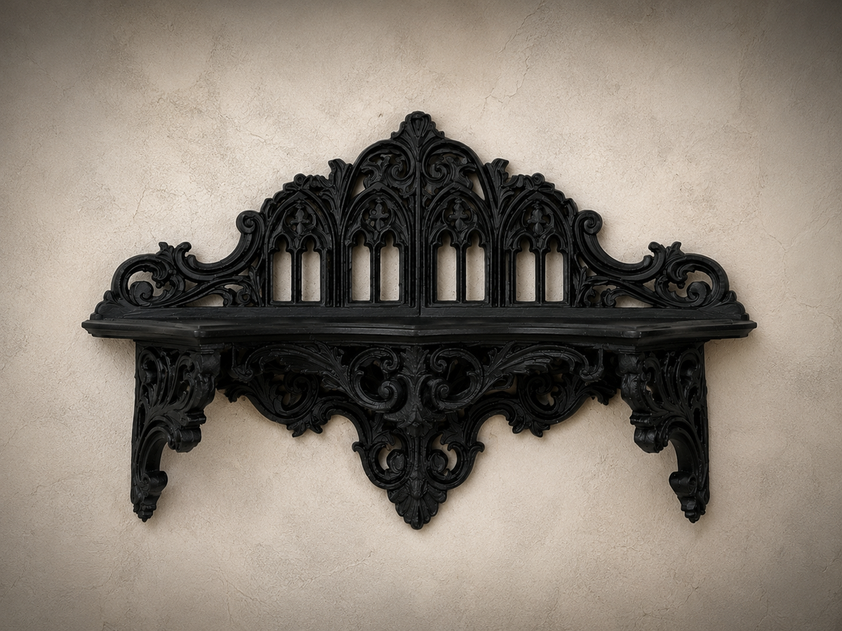 The Black Court — Corner Wall Shelf, Gothic Candle & Crystal Shelf, Hand-Painted