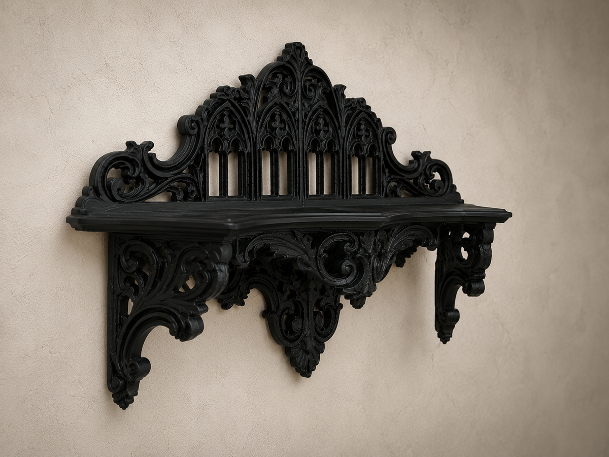 The Black Court — Corner Wall Shelf, Gothic Candle & Crystal Shelf, Hand-Painted
