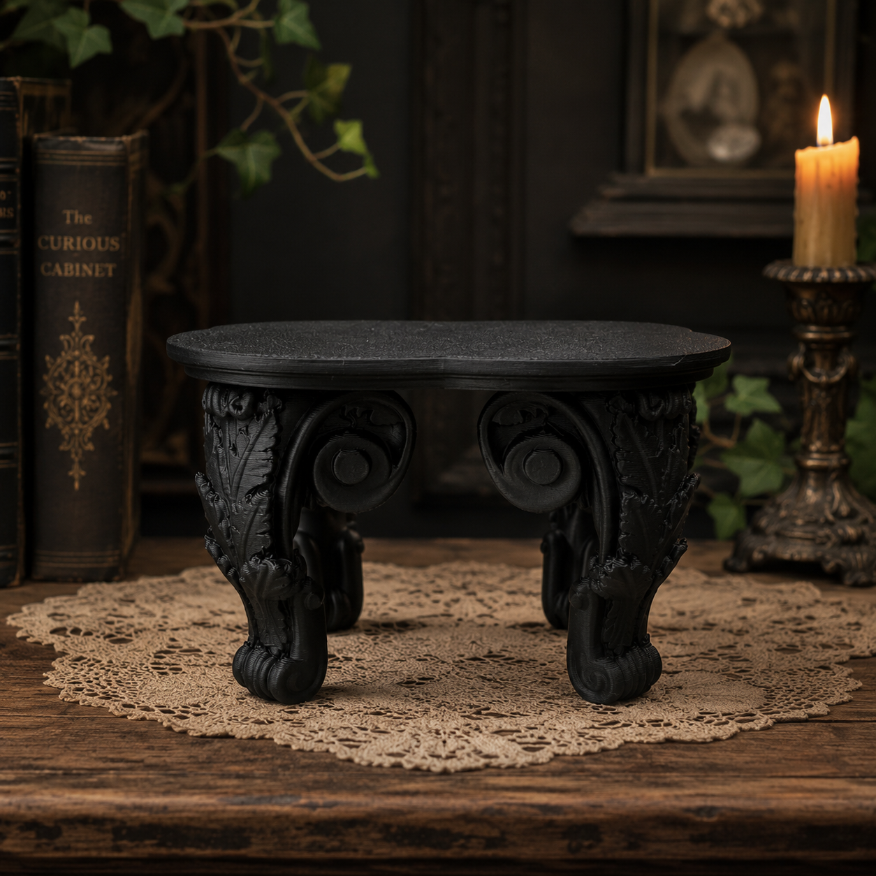 The Ebony Pedestal — Tabletop Plant Stand, Baroque Gothic Pedestal, Hand-Painted