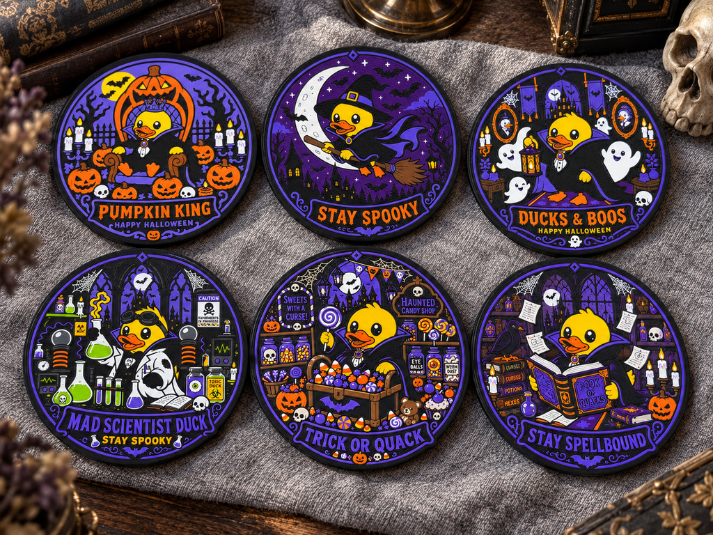 Six round Halloween-themed duck coasters printed on, arranged on a gray fabric surface with decorative props including a skull, books, and dried flowers. The designs feature purple backgrounds with pumpkins, ghosts, bats, cauldrons, and spooky text such as 'Pumpkin King,' 'Stay Spooky,' 'Ducks & Boos,' 'Mad Scientist Duck,' 'Trick or Treat,' and 'Stay Spellbound.