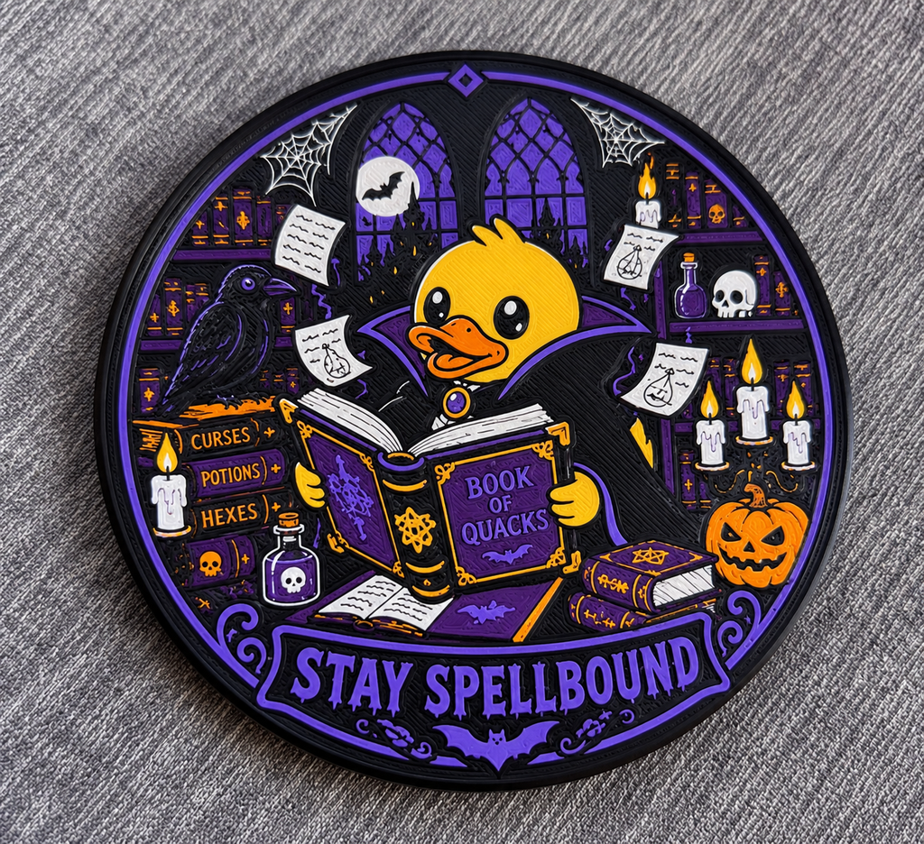 A circular coaster featuring a cartoon duck in a purple cloak reading a 'Book of Quacks' surrounded by Halloween-themed illustrations, including a raven, candles, skull, pumpkin, and the text 'STAY SPELLBOUND'.