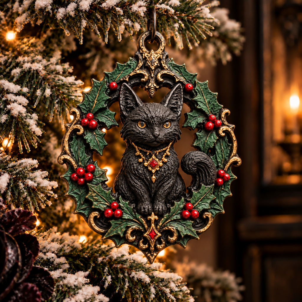 The Winter Familiar - Gothic Black Cat Christmas Ornament, Cat Wreath Tree Decoration, Witchy Xmas Decor, Alternative Christmas Ornament, Cat Lover Gift