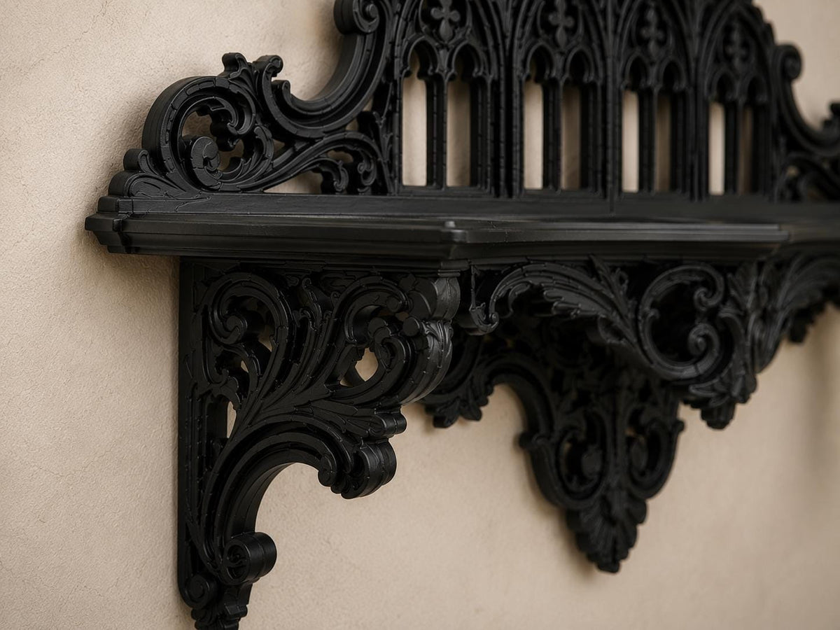 The Black Court — Corner Wall Shelf, Gothic Candle & Crystal Shelf, Hand-Painted